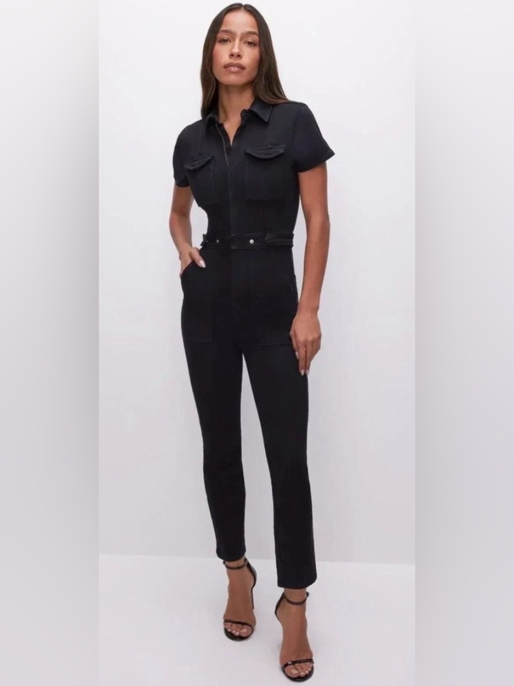 NWT Good American Fit For Success Short Sleeve Utility Black Denim Jumpsuit - M